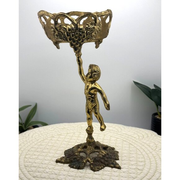 Vintage Gold Brass Cherub Candle Holder With Grapevine Design - Picture 8 of 15